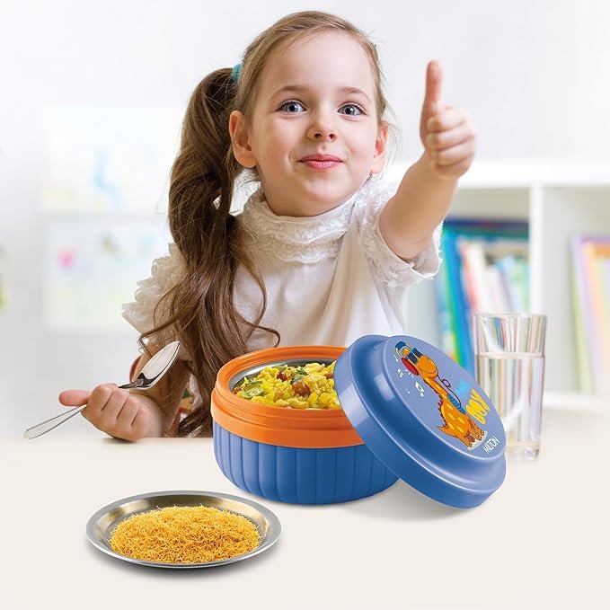 BE3 MILTON Bestie Tiffin Big Plastic Insulated Tiffin Box with Steel Partition Plate, 315 ml, Dark Blue (Cool Boy Print)| BPA Free | Food Grade | PU Insulated | Kids Lunch Box - Image 1