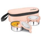 MILTON Express Meal Lunch Box (2 Round Inner Steel Leak Proof Containers with Click Lock Lids 380 ml Each) with Unisex Bag, Peach, Odour Proof, Food Grade - Image 2