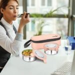 MILTON Express Meal Lunch Box (2 Round Inner Steel Leak Proof Containers with Click Lock Lids 380 ml Each) with Unisex Bag, Peach, Odour Proof, Food Grade - Image 4