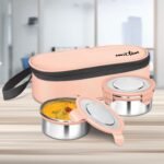 MILTON Express Meal Lunch Box (2 Round Inner Steel Leak Proof Containers with Click Lock Lids 380 ml Each) with Unisex Bag, Peach, Odour Proof, Food Grade - Image 7