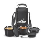 Milton Pro Munch Tiffin (3 Microwave Safe Inner Steel Containers,180/320/450/100ml; 1 Plastic Chutney Dabba; Steel Spoon) with Insulated Fabric Bag, Black, Leak Proof, Odour Proof, Easy to Carry - Image 5