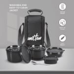 Milton Pro Munch Tiffin (3 Microwave Safe Inner Steel Containers,180/320/450/100ml; 1 Plastic Chutney Dabba; Steel Spoon) with Insulated Fabric Bag, Black, Leak Proof, Odour Proof, Easy to Carry