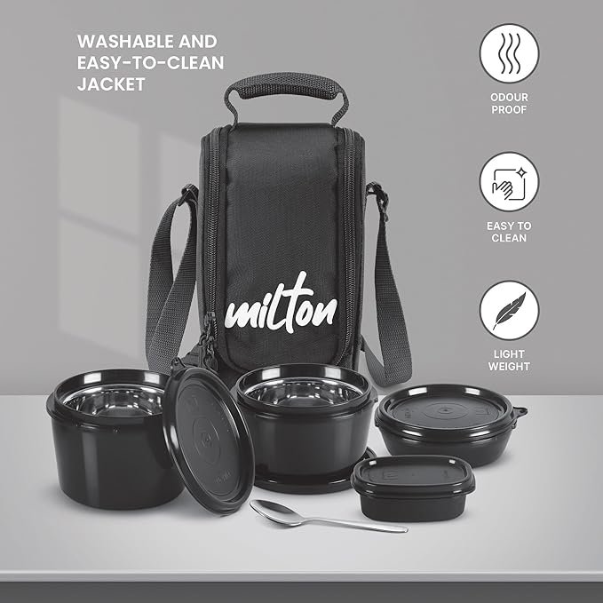 MUNCH5 Milton Pro Munch Tiffin (3 Microwave Safe Inner Steel Containers,180/320/450/100ml; 1 Plastic Chutney Dabba; Steel Spoon) with Insulated Fabric Bag, Black, Leak Proof, Odour Proof, Easy to Carry - Image 1