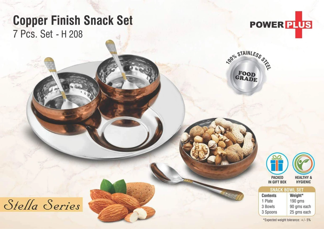 Rangreza 7 Pc Copper Finish Snack Set | 3 Snack Bowls With Spoons & Serving Tray Plate, Bowl, Spoon Serving Set (Pack of 7