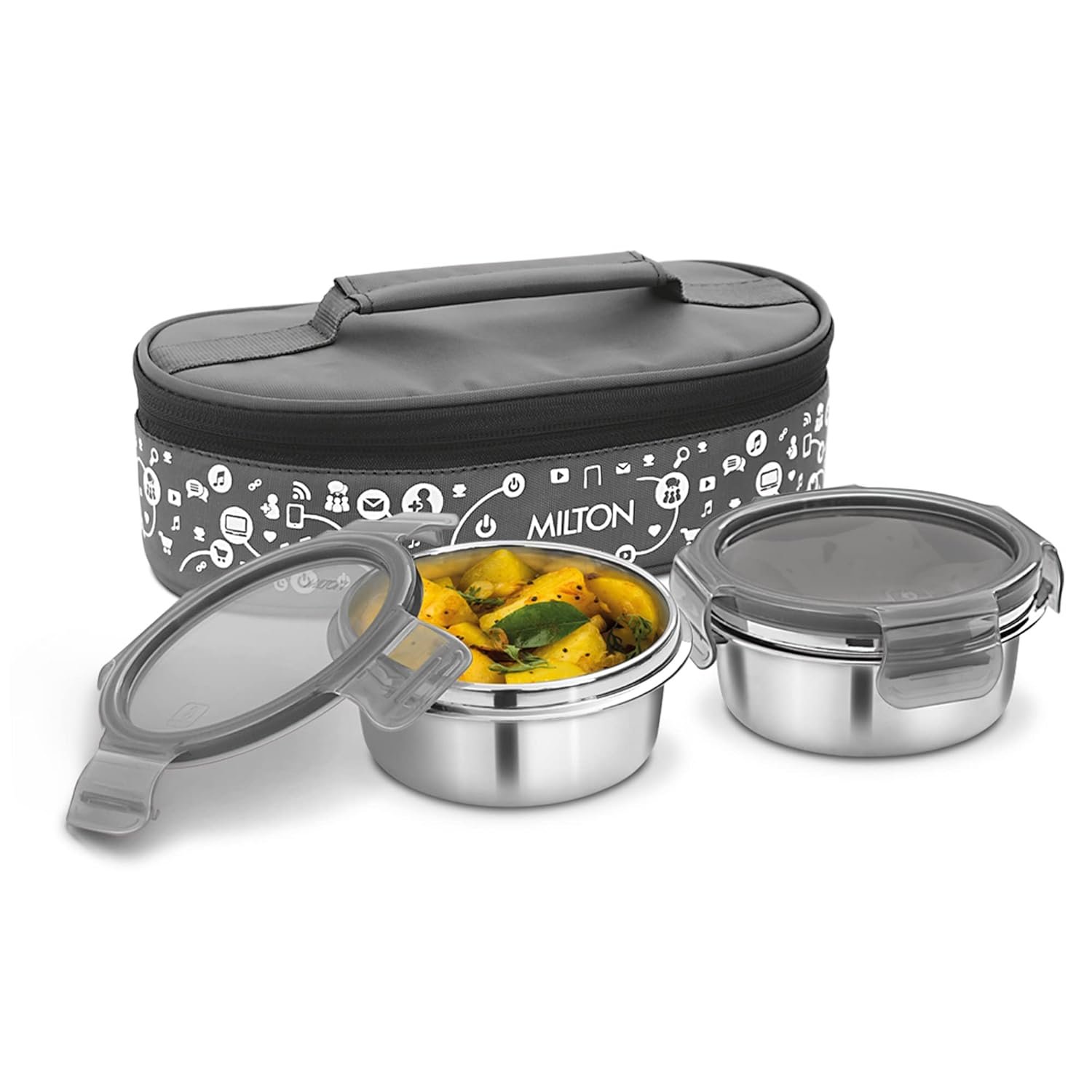mll1 MILTON Lifestyle Lunch Box with Insulated Jacket, 2 Stainless Steel Round Containers with Clip Lock Lid (300 ml Each), Leak-Proof Tiffin for Office, School, College, Easy to Carry, Grey - Image 1