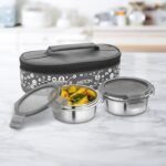 MILTON Lifestyle Lunch Box with Insulated Jacket, 2 Stainless Steel Round Containers with Clip Lock Lid (300 ml Each), Leak-Proof Tiffin for Office, School, College, Easy to Carry, Grey - Image 3