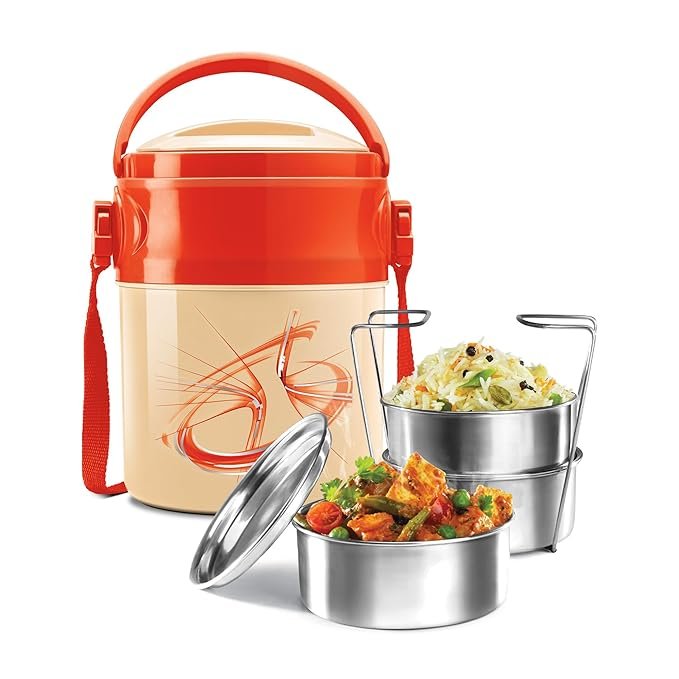ode1 MILTON Odyssey Insulated Tiffin, 3 Stainless Steel Containers, 380 ml Each and 1 Papad Box, 200 ml, Ivory | PU Insulated | Food Grade | Easy to Carry | Hot & Cold | Office | Outdoors | Food Grade - Image 1