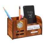 Pen Holder for Table Stylish | Wooden Pen Stand With Clock/watch, Mobile and Visiting Card Holder for Office Desk and Study Table | Multipurpose Desk Organizer Aesthetic Accessories