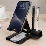 Metal Mobile Stand with Visiting Card & Pen Holder, Anti-Skid Design Mobile Multipurpose Stand for Smartphones, Tablets