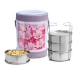 MILTON Sheriff Tiffin 4 Stainless Steel Containers, 3 litres, Purple | PU Insulated | Food Grade | Easy to Carry | Hot & Cold | Office | Outdoors | Food Grade