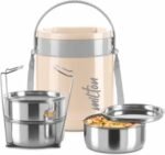 MILTON Classic Stainless Steel Tiffin With Lifter, 3 Container, 300 ml Each, Ivory | PU Insulated | Food Grade | Easy To Carry | Hot & Cold | Office | Outdoors | Food Grade,Cream