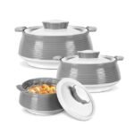 MILTON Venice Double Walled Inner Stainless Steel Serving Casserole Set of 3 (450 ml, 850 ml, 1350ml), PU Insulated Kitchen Hot Pot, Keeps Food hot & Fresh for Roti, Biryani, Grey
